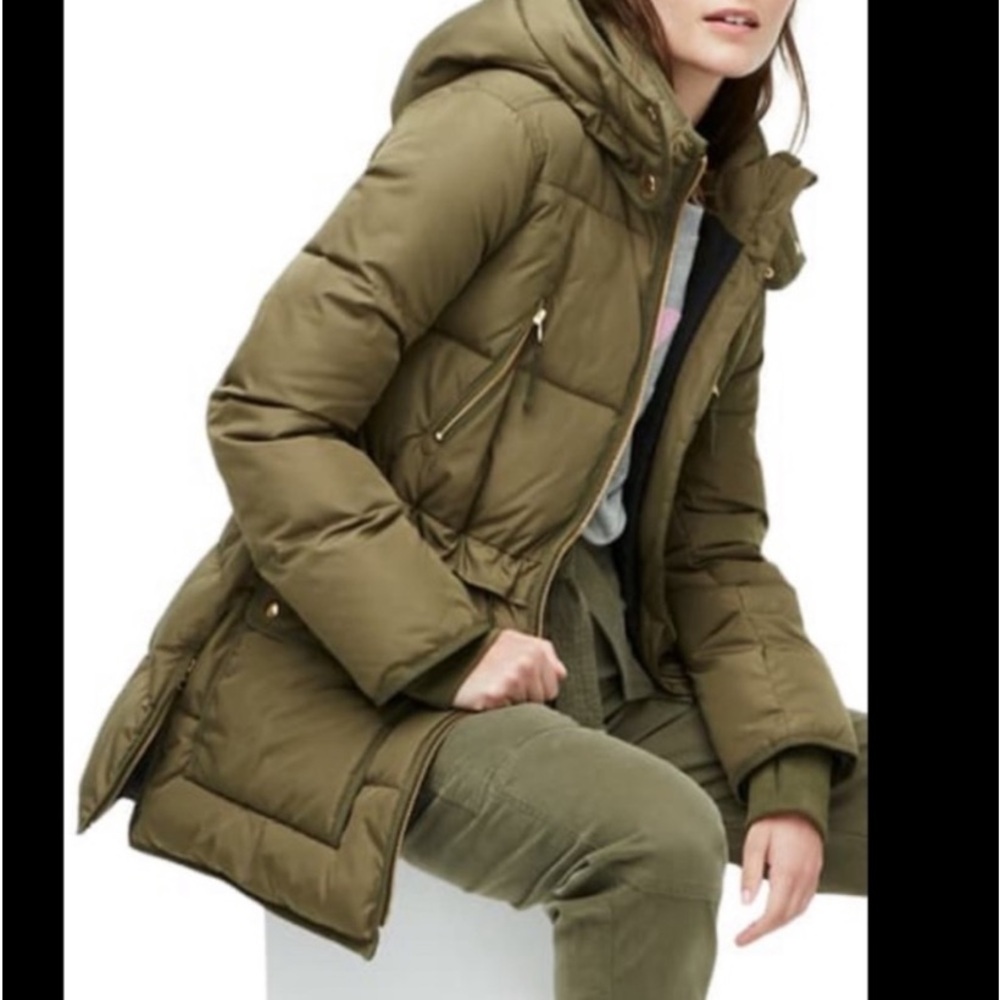 J.CREW Chateau Puffer Jacket Parka Hood Zip Pockets Olive Green Women Size M